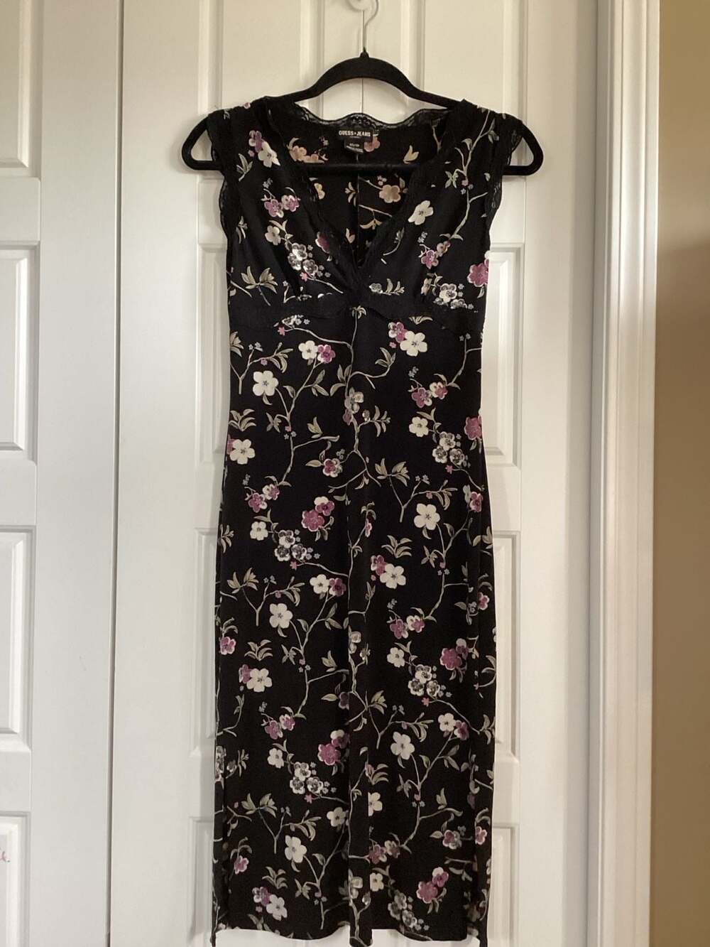 Guess Jeans Black Floral Print Long Dress with Lace Trim Y32N1704 Size XS